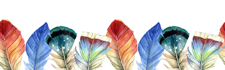 Seamless border pattern of different watercolor feathers. Colored feathers of different birds on a white background