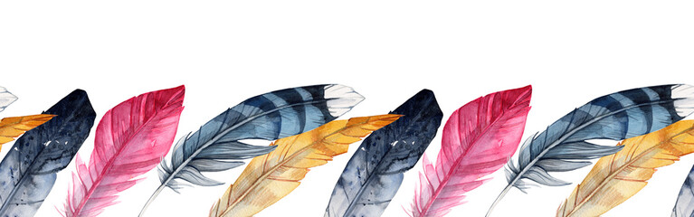Seamless border pattern of different watercolor feathers. Colored feathers of different birds on a white background