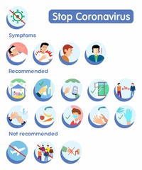 A complete set of vector icons with recommendations and symptoms for the prevention of coronavirus. Tips for preventing a pandemic infection. Integrated infographics with color illustrations. 