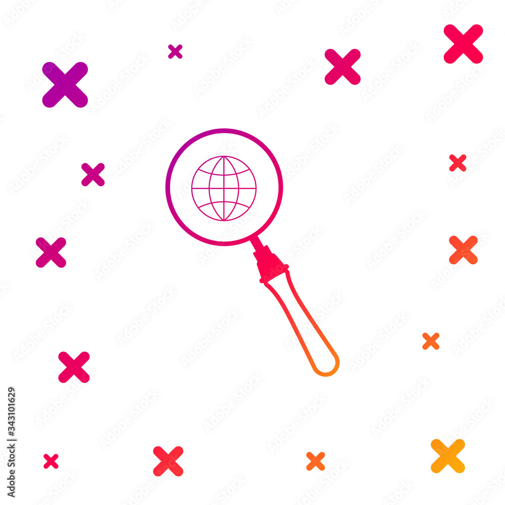 Poster color magnifying glass with globe icon isolated on white background. analyzing the world. global sea