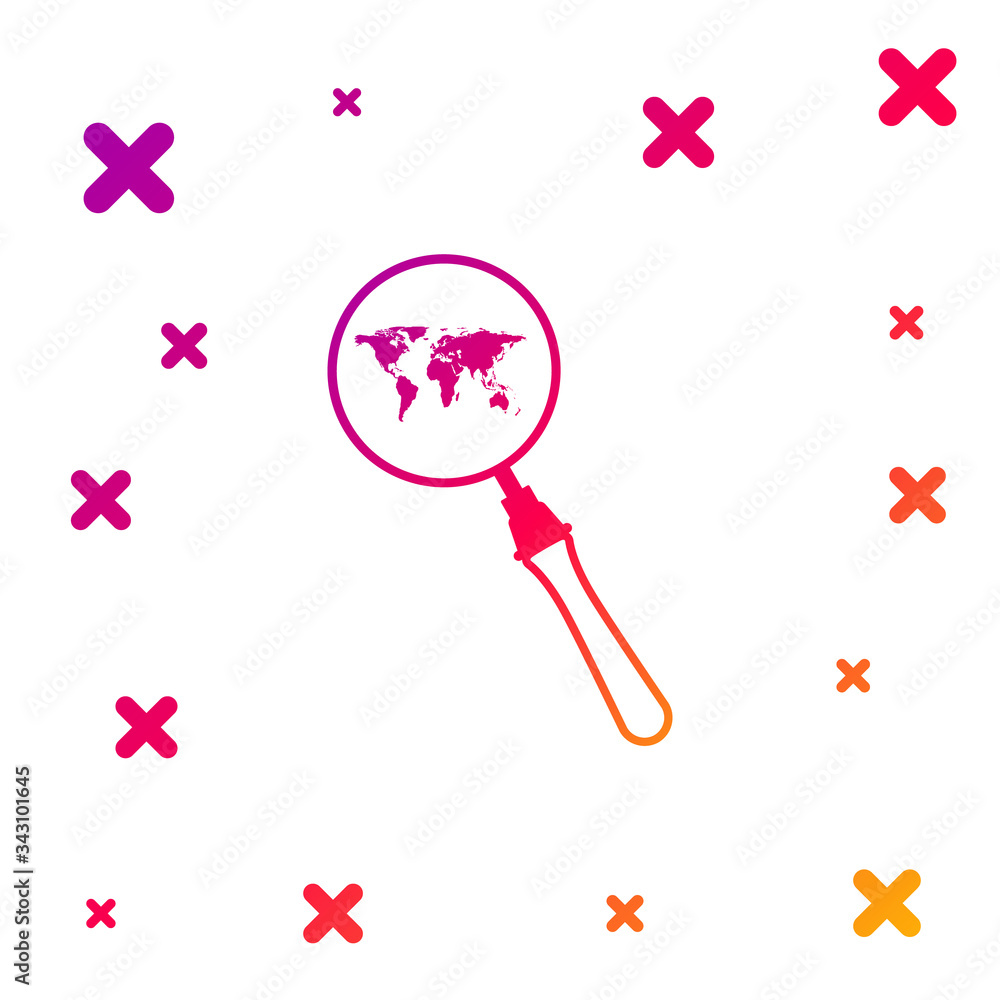 Poster color magnifying glass with world map icon isolated on white background. analyzing the world. global