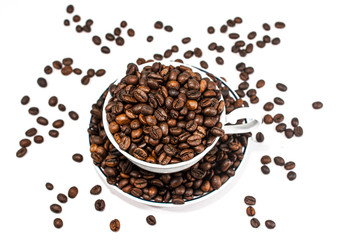 Coffee cup and beans on a white background. coffee cup and coffee beans.