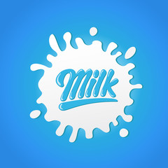 Milk hand written lettering logo. Label or badge for milk package. Milk splash. Vector illustration. . Farm stamp