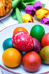 Painted eggs with different colors for Easter