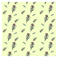 Seamless pattern of flowers and leaves. Delicate colors. Drawing by hand. Pattern for fabric, print, poster. Vector illustration.