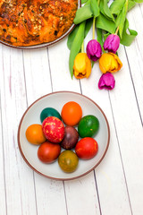 Painted eggs with different colors for Easter