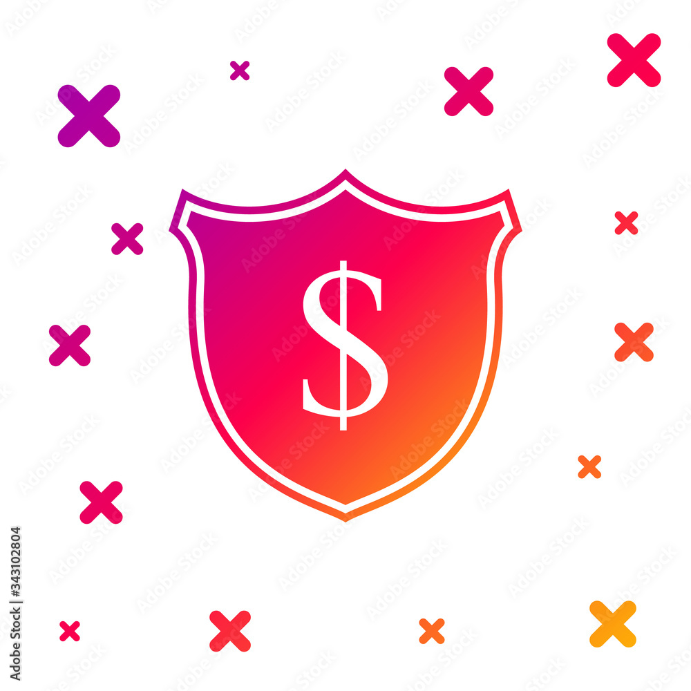 Poster color shield and dollar icon isolated on white background. security shield protection. money securit