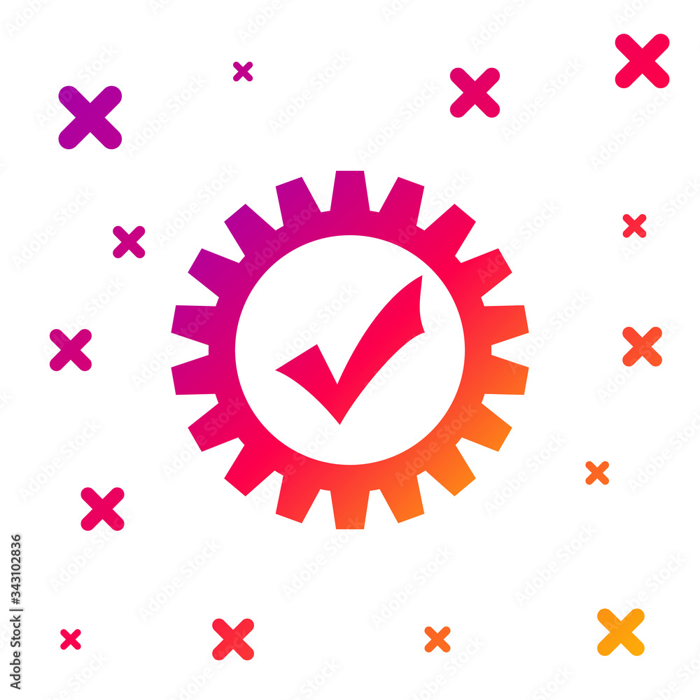 Poster Color Gear with check mark icon isolated on white background. Cogwheel simple icon. Approved service sign. Transmission Rotation Mechanism symbol. Gradient random dynamic shapes. Vector Illustration