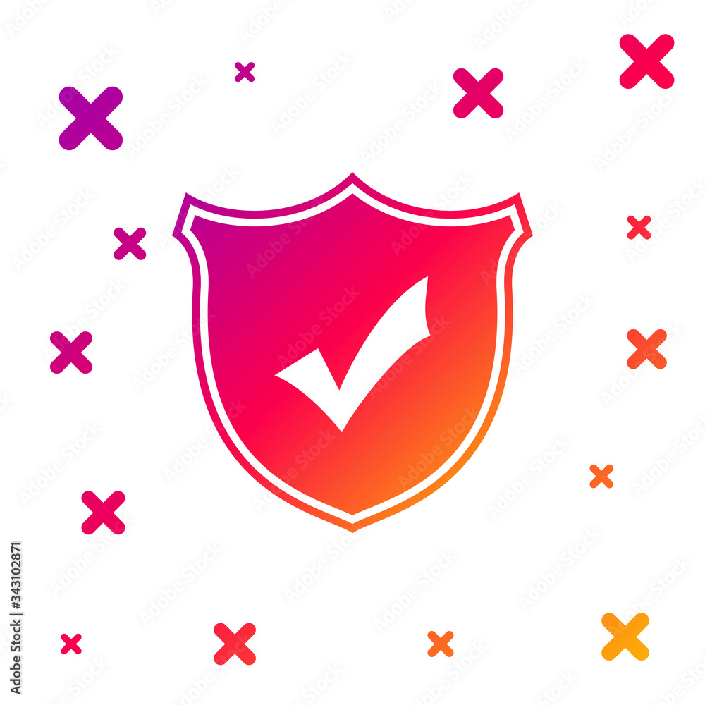 Poster Color Shield with check mark icon isolated on white background. Protection symbol. Security check Icon. Tick mark approved icon. Gradient random dynamic shapes. Vector Illustration