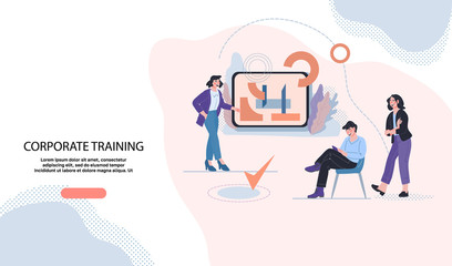 Corporate Training for company employees banner. Business woman conducts training skill boosting course on work. Corporate professional education, presentation or conference for staff. Flat vector.