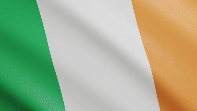 Flag of Ireland with Realistic Fabric Texture Waving in the Wind. Ireland Flag Looping Seamless Background 3D Animation.