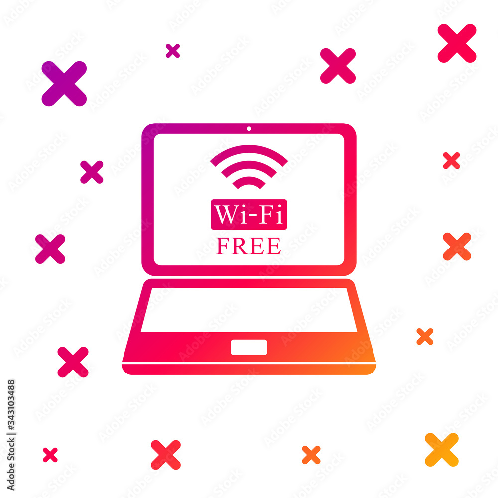 Poster color laptop and free wi-fi wireless connection icon on white background. wireless technology, wi-fi