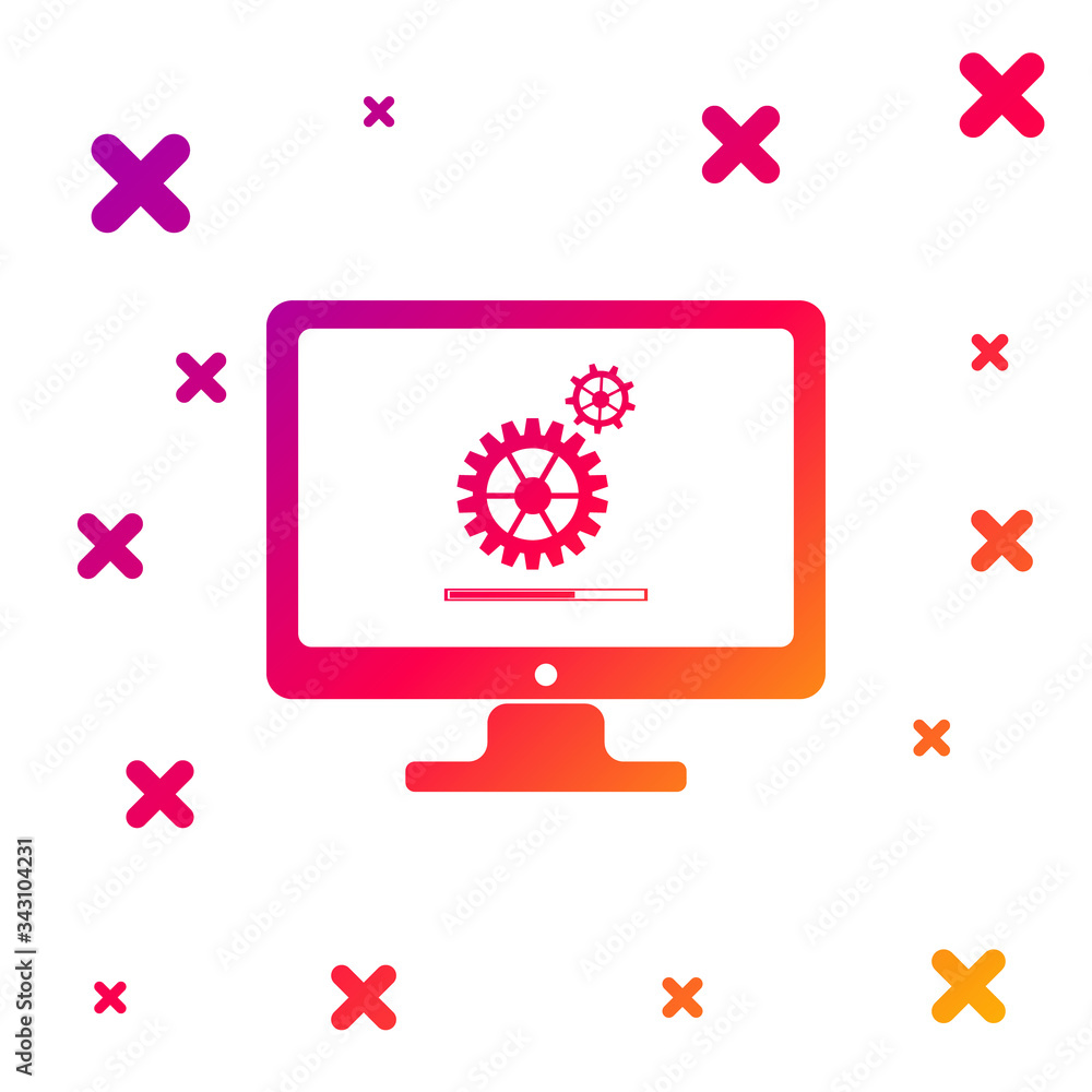 Poster color computer monitor update process with gear progress and loading bar icon on white background. s