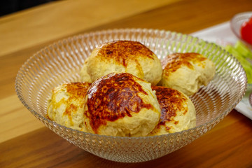 Homemade freshly baked dough pastry close up view