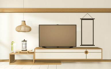 Tv cabinet in tropical mint room Japanese - zen style,minimal designs. 3D rendering