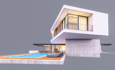 3d rendering of modern cozy house on the hill with garage and pool for sale or rent in evening with cozy light from window. Isolated on gray