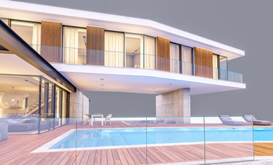 Fototapeta premium 3d rendering of modern cozy house on the hill with garage and pool for sale or rent in evening with cozy light from window. Isolated on gray