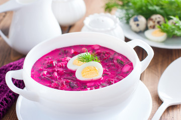 Traditional cold summer beetroot soup with vegetables in a white bowl, selective focus