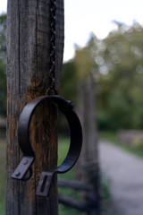 Old metallic shackles hang on a wooden pole