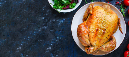 whole baked chicken, fried meat
Menu concept. food background. top view copy space for text keto or paleo diet