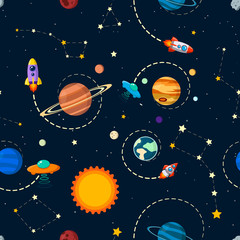 solar system vector kids cartoon planet seamless pattern. Rocket, UFO, planets Illustration, great for wallpaper, textile and texture design. Kids design, fabric, wrapping, apparel.