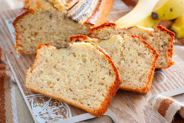 Sliced homemade banana bread, selective focus