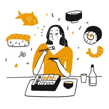 A woman happily eating sushi