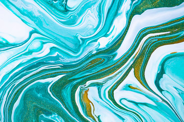 Fluid art texture. Backdrop with abstract mixing paint effect. Liquid acrylic picture with flows and splashes. Mixed paints for interior poster. Turquoise, green and white overflowing colors