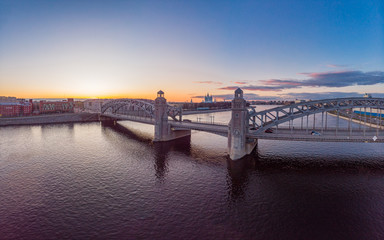St. Petersburg Russia. Aerial panoramic view from drone to Peter the Great bridge of white nights....