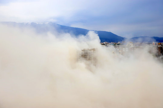 Controlled explosion with blasts of a unfinished and abandoned empty high building, printing press house IPK Rodina, in Sofia, Bulgaria on 04/26/2020.