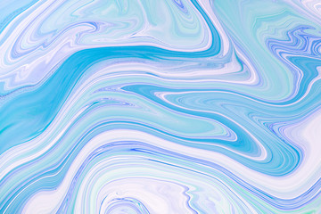 Fluid art texture. Backdrop with abstract iridescent paint effect. Liquid acrylic artwork with flows and splashes. Mixed paints for website background. Blue, white and mint overflowing colors