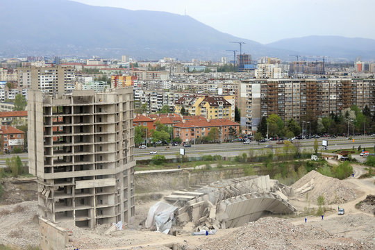 Controlled explosion with blasts of a unfinished and abandoned empty high building, printing press house IPK Rodina, in Sofia, Bulgaria on 04/26/2020.