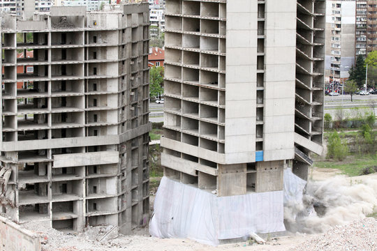 Controlled explosion with blasts of a unfinished and abandoned empty high building, printing press house IPK Rodina, in Sofia, Bulgaria on 04/26/2020.