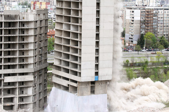 Controlled explosion with blasts of a unfinished and abandoned empty high building, printing press house IPK Rodina, in Sofia, Bulgaria on 04/26/2020.