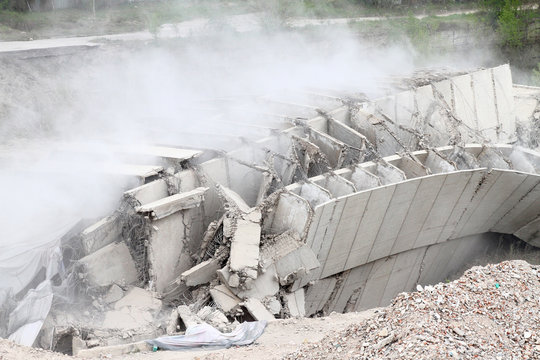 Controlled explosion with blasts of a unfinished and abandoned empty high building, printing press house IPK Rodina, in Sofia, Bulgaria on 04/26/2020.