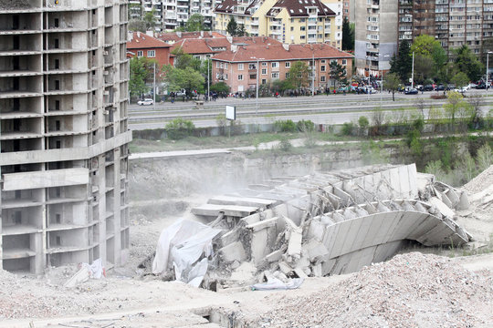 Controlled explosion with blasts of a unfinished and abandoned empty high building, printing press house IPK Rodina, in Sofia, Bulgaria on 04/26/2020.