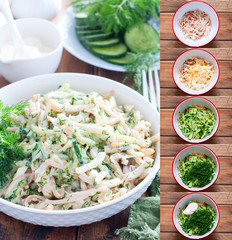 Collage of step by step cooking salad with squid, eggs and fresh cucumbers and herbs, selective focus