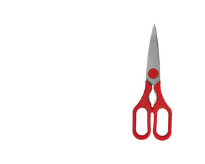 A red shears isolated on white background without shadow with copy space. Multifunction Kitchen Scissors (can open soft drink bottle, crack walnut nuts, scrap fish, cut iron wire, cut meat)