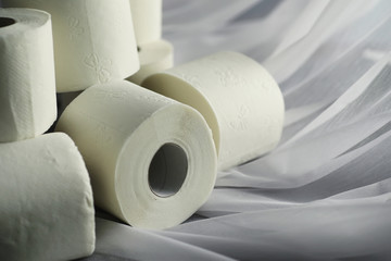 Toilet paper in a roll. Snow-white soft three-layer toilet paper. Lack of hygiene products. Primary protection and disinfection.