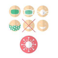 Set of icons or stamps with people wearing medical mask. Vector for coronavirus crisis.