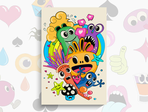 Cartoon Doodles pattern with monsters. Vector hand drawn doodle cartoon. Fine art doodles. EPS 10 vector