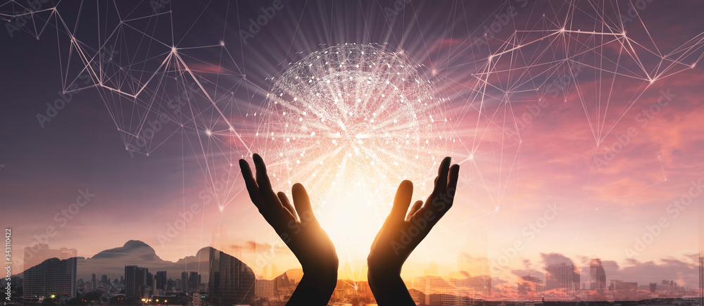 Leinwandbilder woman hands holding global network connections and technology innovative in science and vr communica