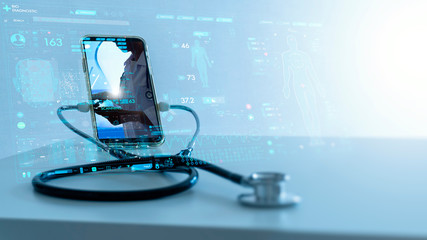 Telemedicine concept,Medical Doctor online communicating the patient on VR medical interface with...