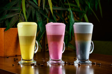 yellow coffee with turmeric, coffee with chocolate, pink coffee with beets