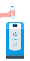 Man throwing empty plastic bottle in the recycling bin. Realistic vector illustration