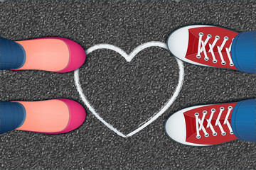 Top view of two pairs of legs shoes. White heart pictured on the asphalt. Realistic vector illustration
