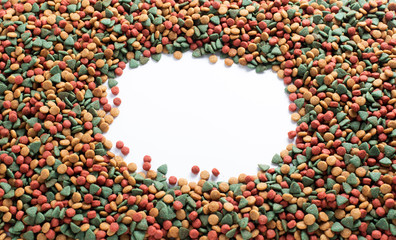 Above or Top view. Colourful Dried dog food on white background. Grain pet food banner background with copy space for text design.