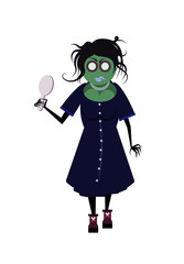 Apocalyptic Zombies - A black-haired woman wearing long black dress with snaps and holding a mirror. Her lips are blue. 