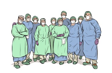 group of doctors and nurses.  they wear protection against contagion.  illustration