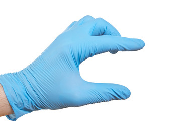 Doctor hand in sterile gloves in holding position isolated on white